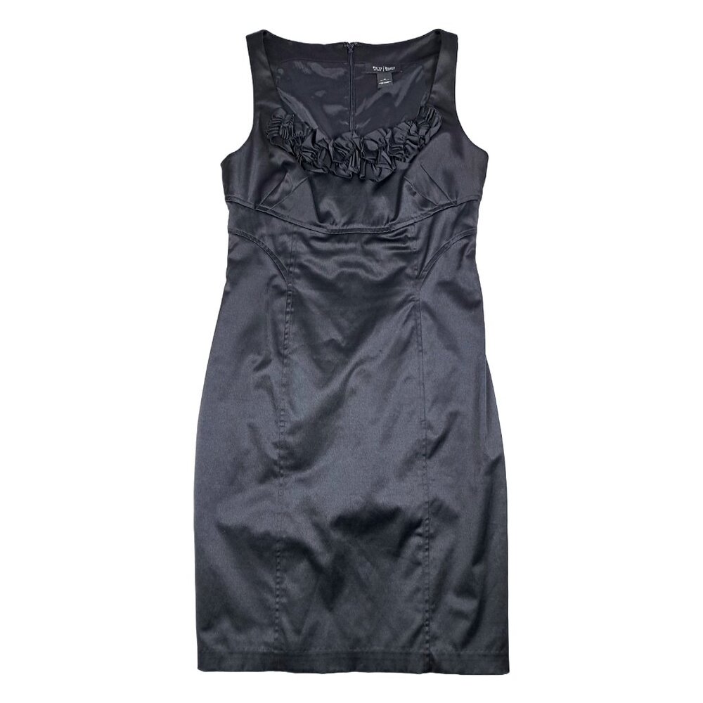 White House Black Market Black Sheath Dress Satin 4 Ruffle Sleeveless S WHBM